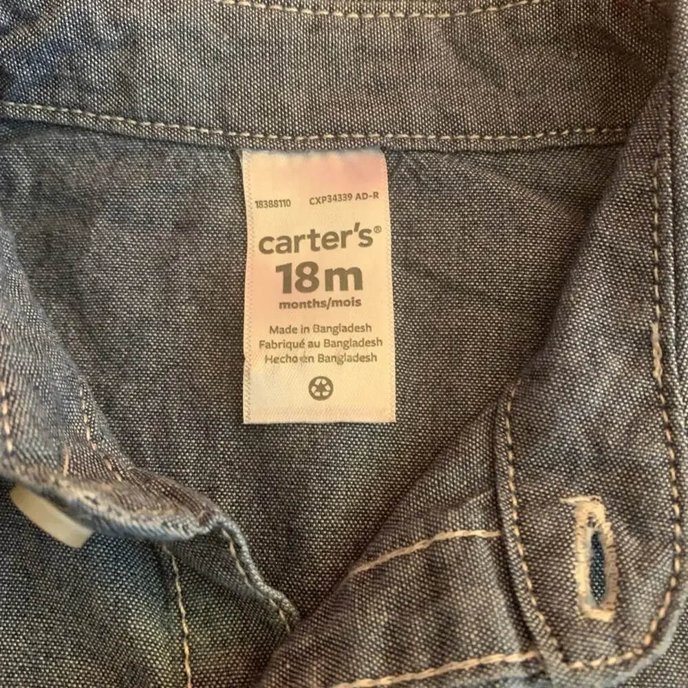 CARTER'S Boy’s Light Weight Denim Long Sleeve Button Down Shirt /Size: 18 MO